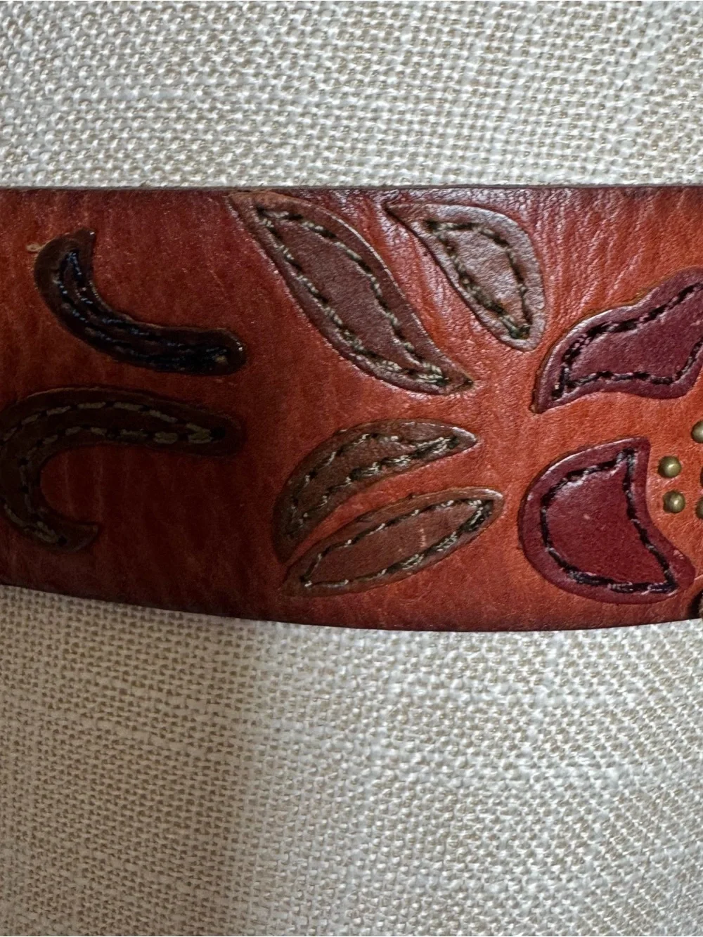 Vintage Fossil Brown Floral Tooled Leather Belt Medium Brass Buckle Boho Western